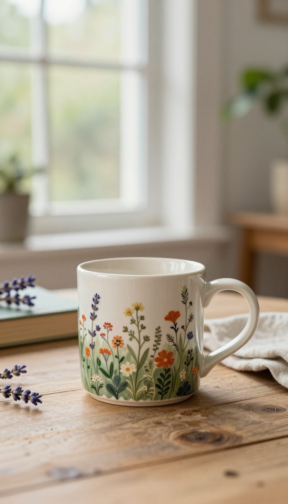 Taylor Swift Folklore mug with botanical cottagecore design featuring wild flowers and earthy palette on rustic wooden table