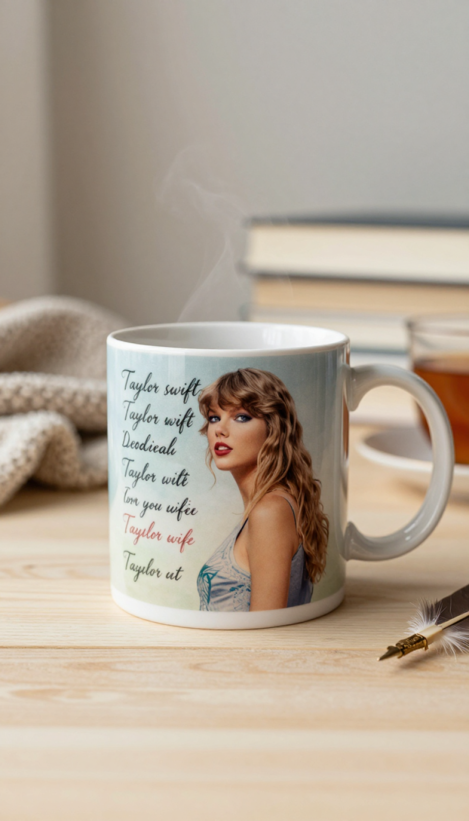 Taylor Swift lyrics mug with elegant calligraphy design featuring warm cream background and cozy blanket setting