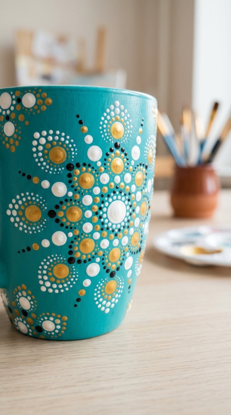 Teal ceramic mug with textured raised dot art patterns in contrasting white and gold
