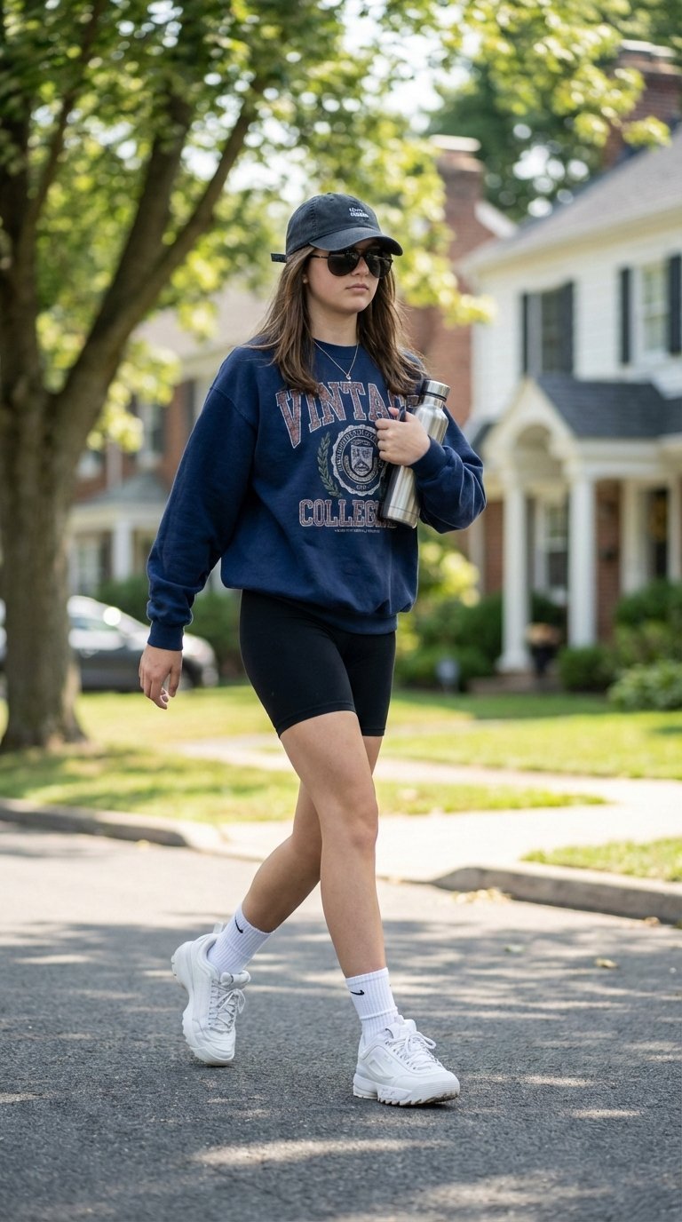 Teen girl in black biker shorts and oversized graphic sweatshirt walking down suburban street with dad sneakers and baseball cap