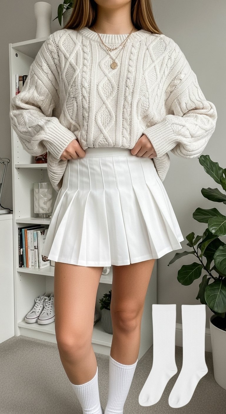 Teen girl in crisp white pleated tennis skirt and oversized cream cable-knit sweater with delicate gold necklace in bright study room