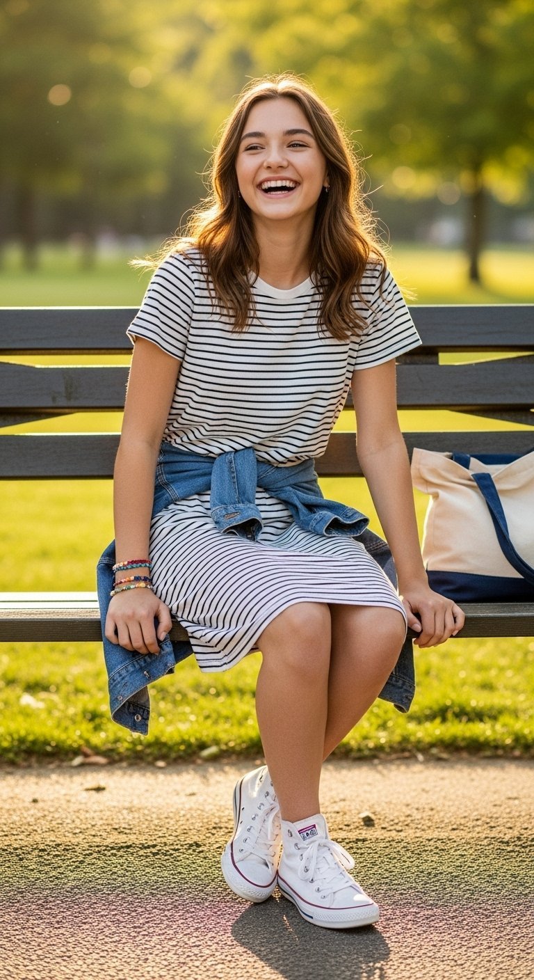 Teen girl wearing black-and-white striped t-shirt dress and white Converse sneakers laughing on park bench with denim jacket