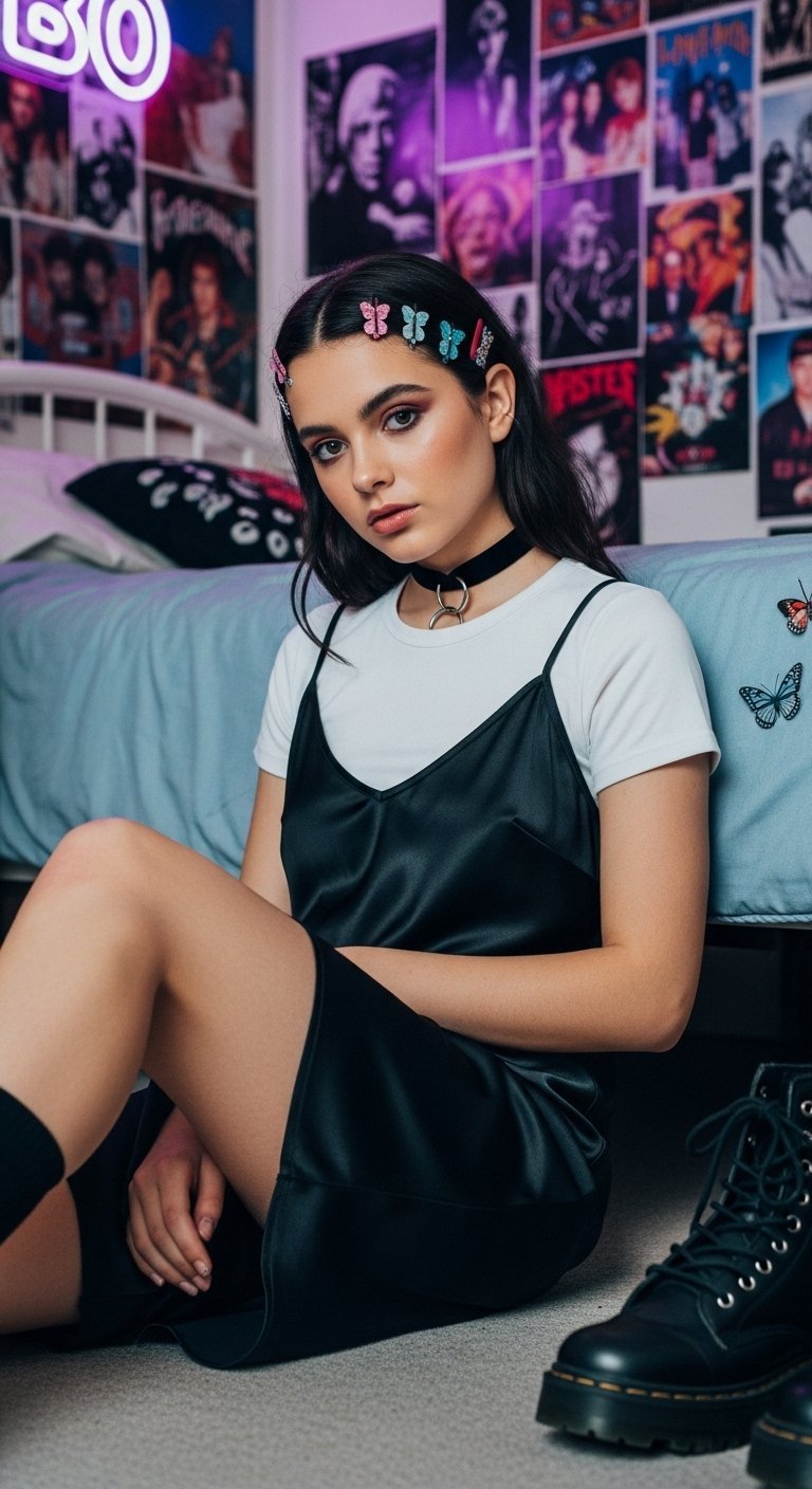 Teen in black satin slip dress layered over white baby tee sitting against poster-covered bedroom wall with combat boots