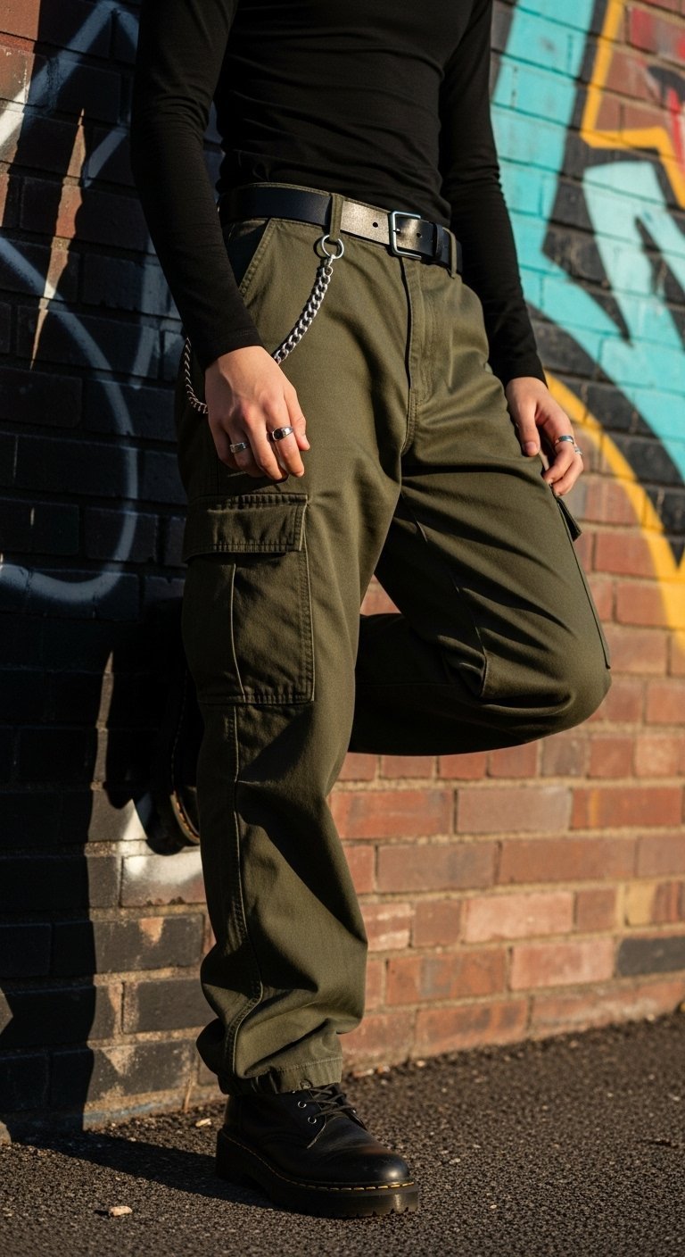 Teen in dark olive green cargo pants and black long-sleeve top leaning against graffiti-covered brick wall with combat boots