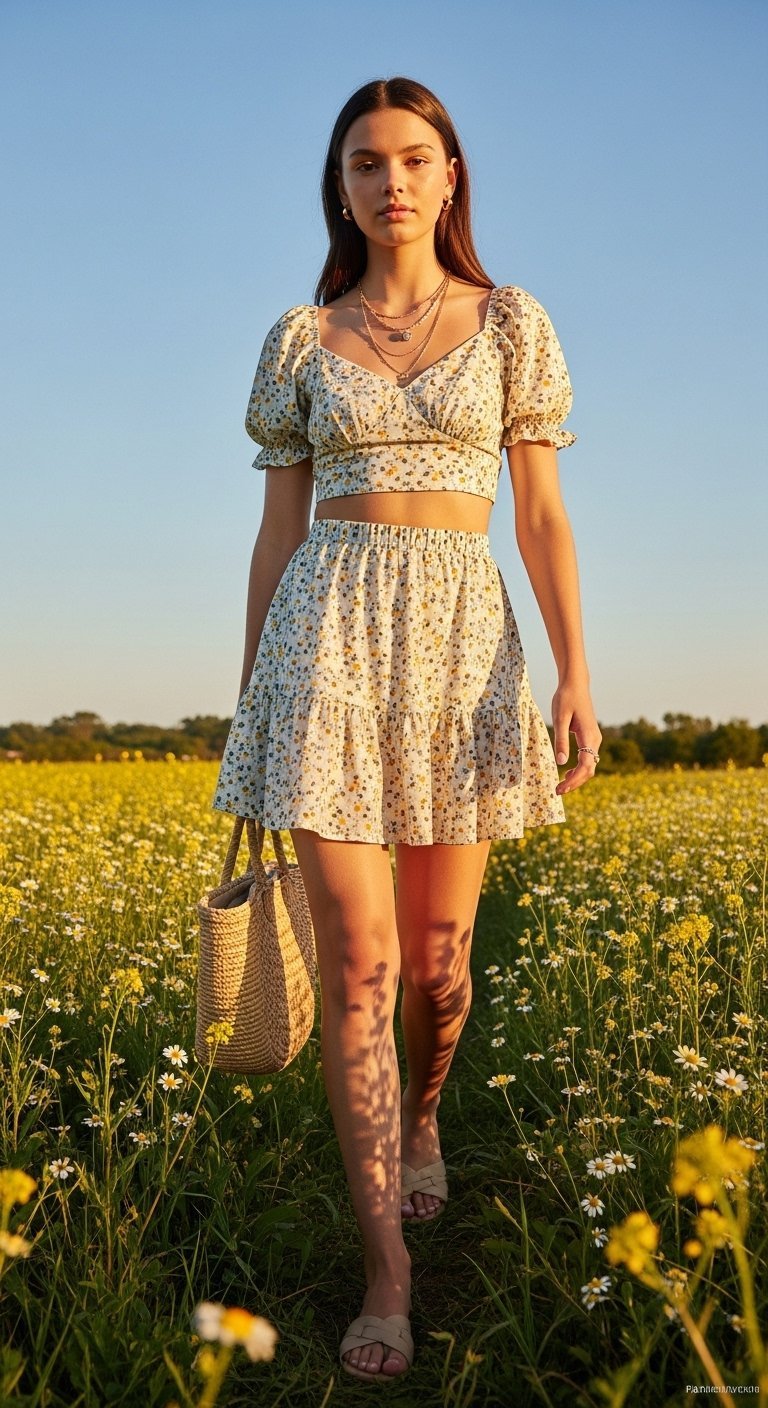 Teen in floral crop top and matching mini skirt walking through sunny wildflower field with straw tote bag