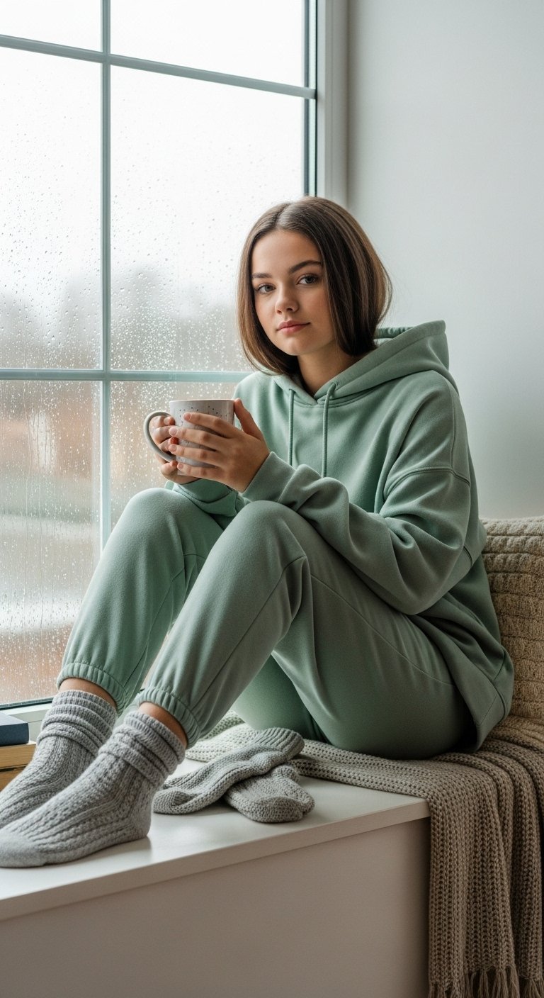 Teen wearing sage green oversized hoodie and jogger set sitting on window seat holding mug with rain-streaked background