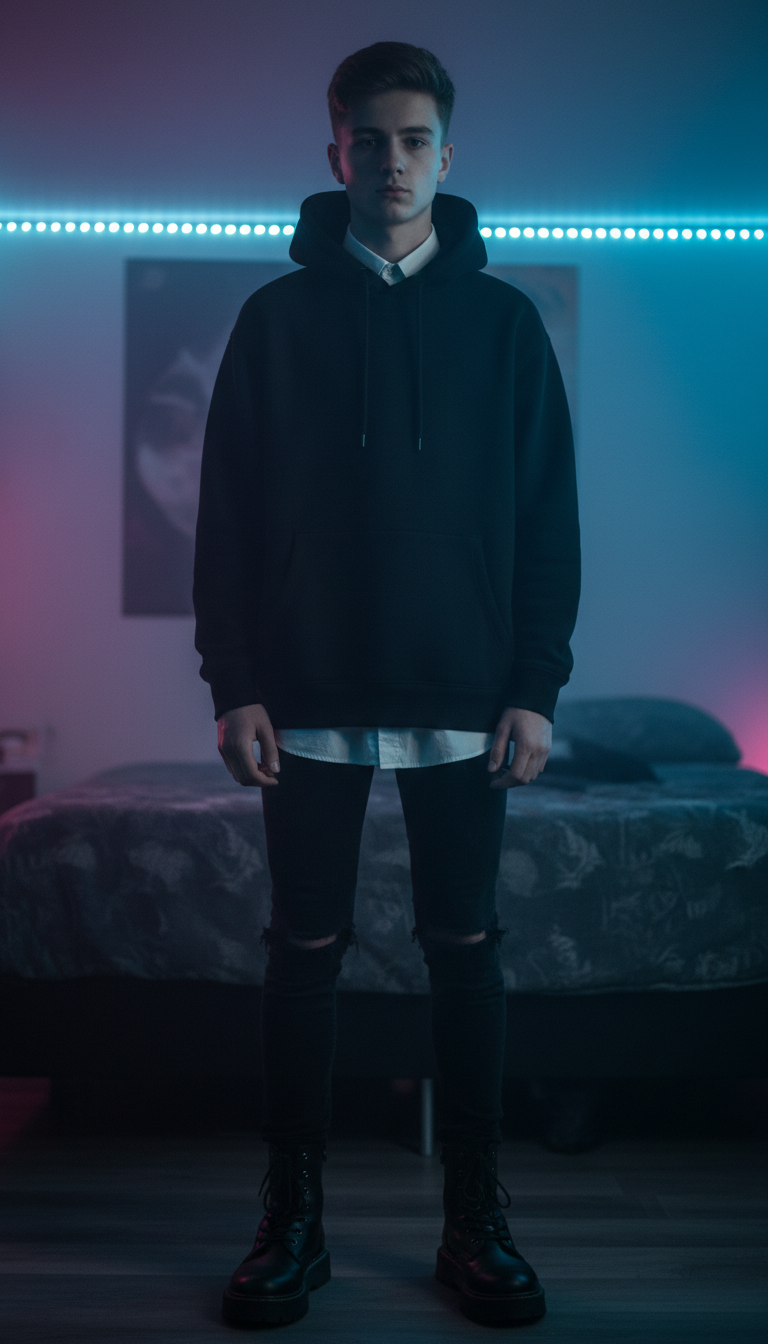 Teenager in e-boy aesthetic outfit with LED strip lighting in modern bedroom setting