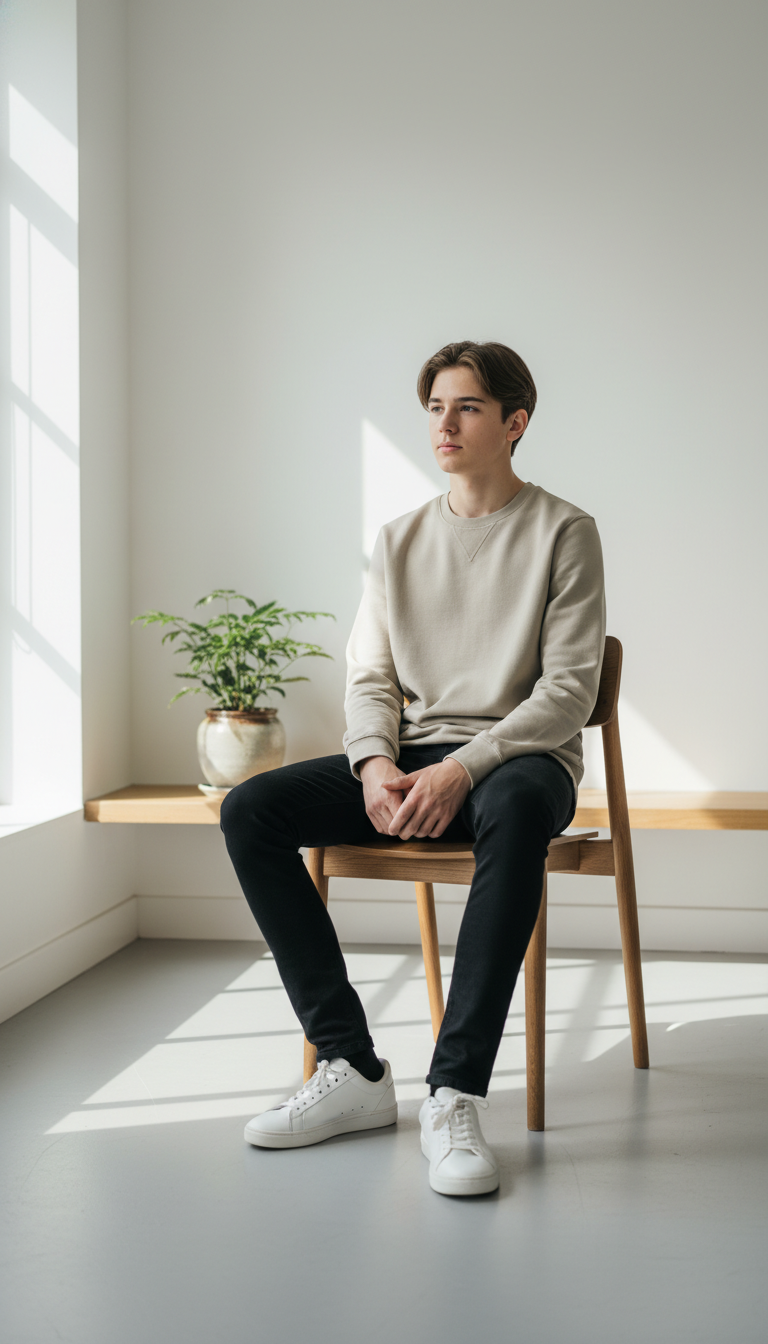 Teenager in minimalist outfit sitting on wooden chair against plain white wall interior