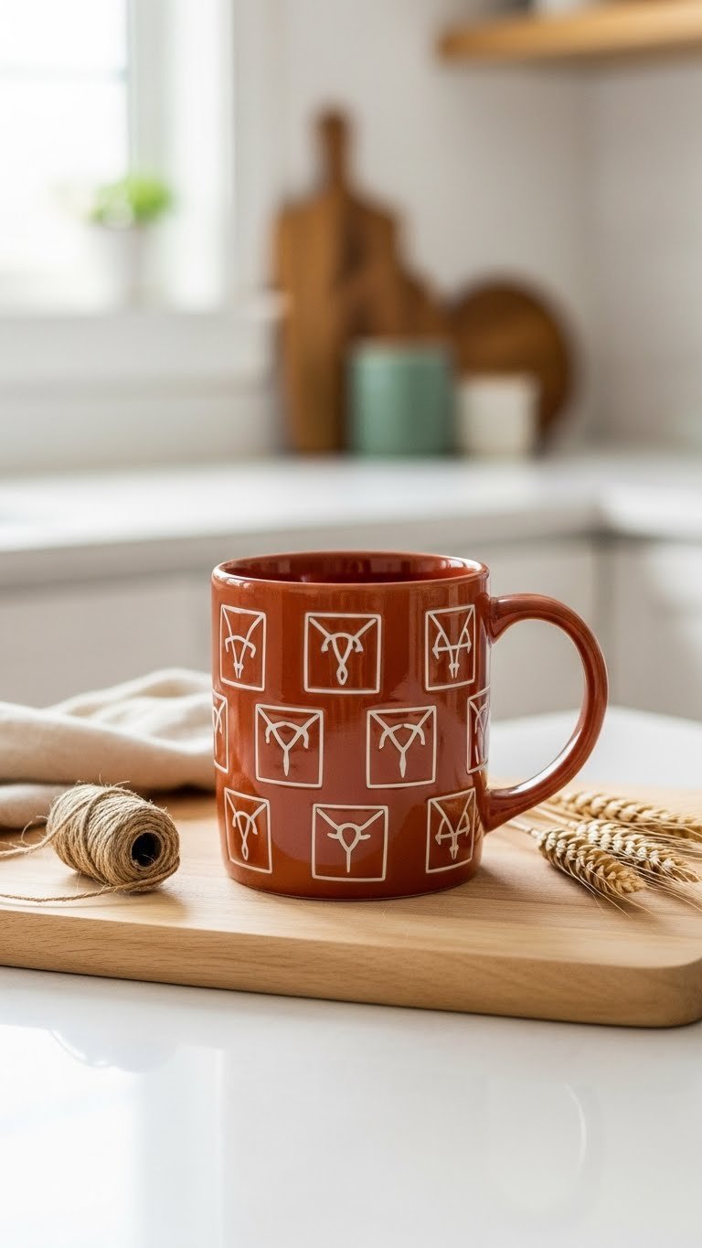 Terracotta ceramic mug adorned with stylized cattle brand patterns arranged artistically on wooden cutting board