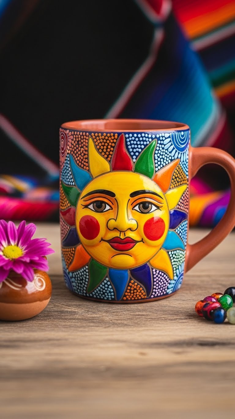 Terracotta ceramic mug hand-painted with vibrant Mexican folk art sun face featuring multi-colored rays and bold patterns