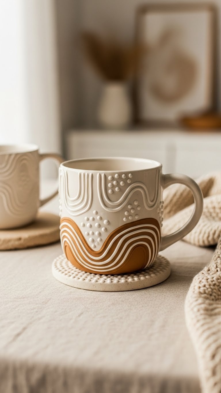 Textured abstract ceramic mug with dimensional raised paint patterns on beige linen tablecloth backdrop