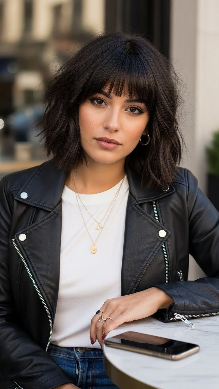 Textured bob haircut with bangs on medium length Latina hair featuring modern edgy style and movement