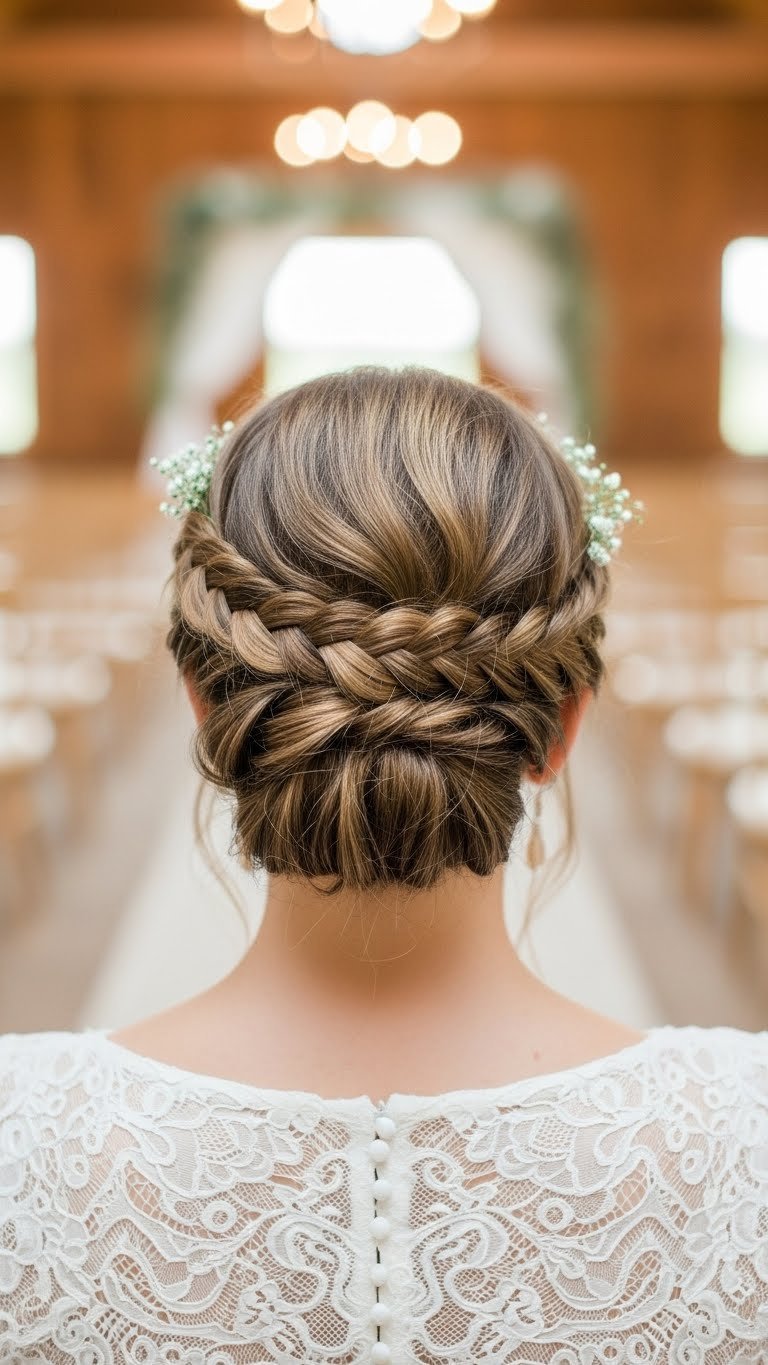 Textured braided crown hairstyle adding fullness and volume to thin hair in rustic setting
