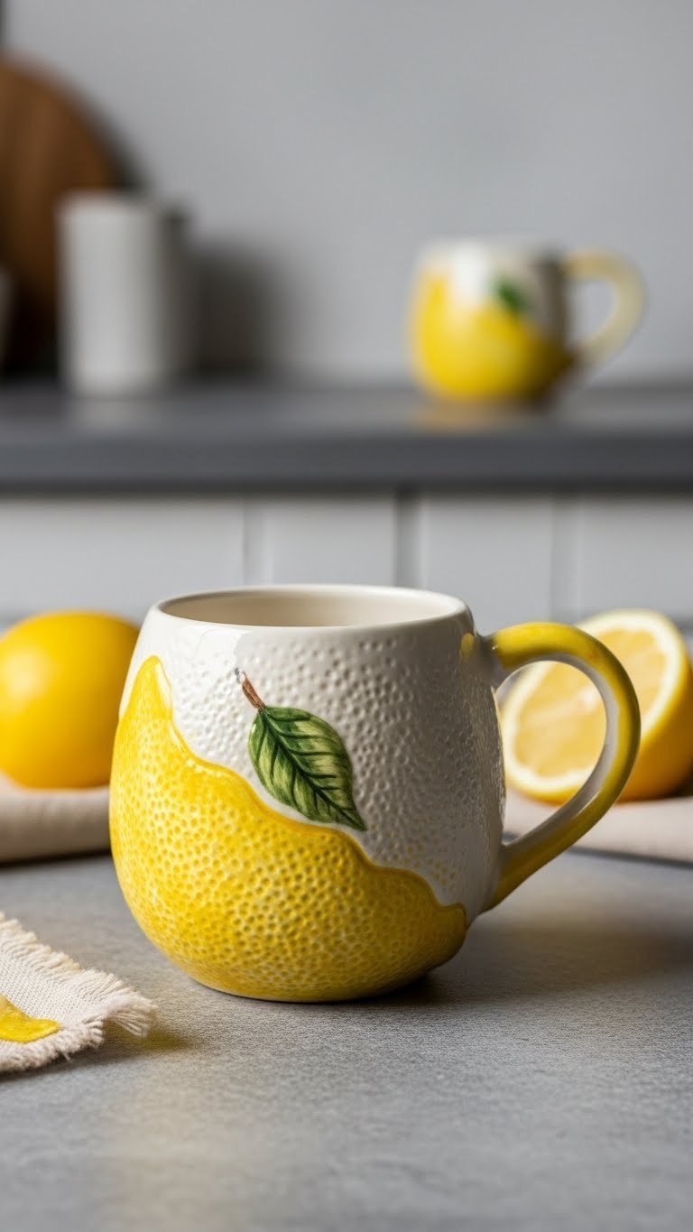 Textured ceramic mug with realistic lemon peel effect featuring raised bumpy surface in vibrant yellow tones