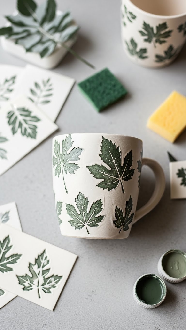 Textured ceramic mug with stenciled leaf prints on concrete surface surrounded by craft supplies in bright daylight