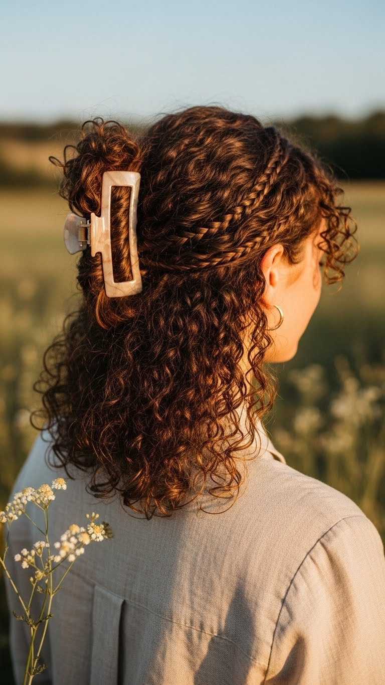 Textured half-up hairstyle with braids and claw clip for curly hair showcasing intricate braiding detail.