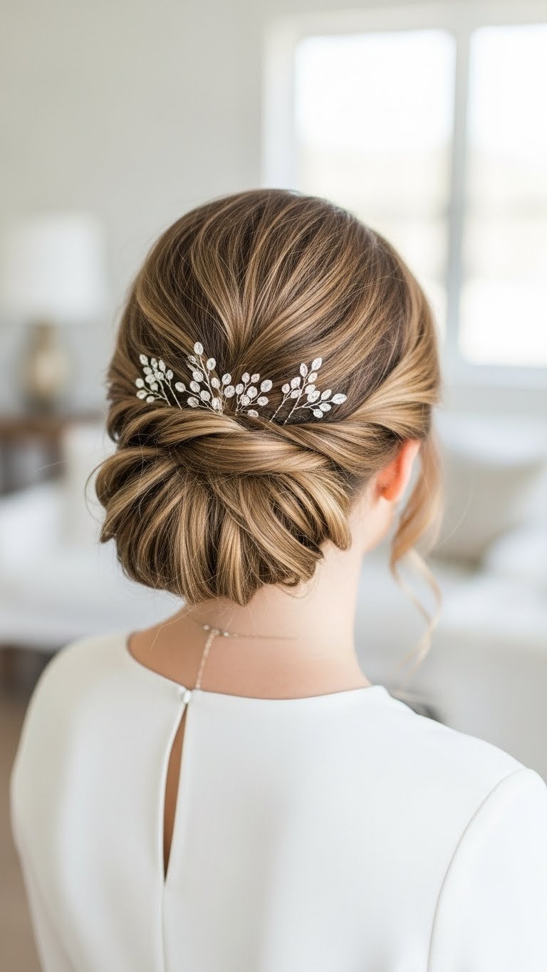 Textured half-updo hairstyle with soft waves secured by sparkling hairpins against minimalist white backdrop
