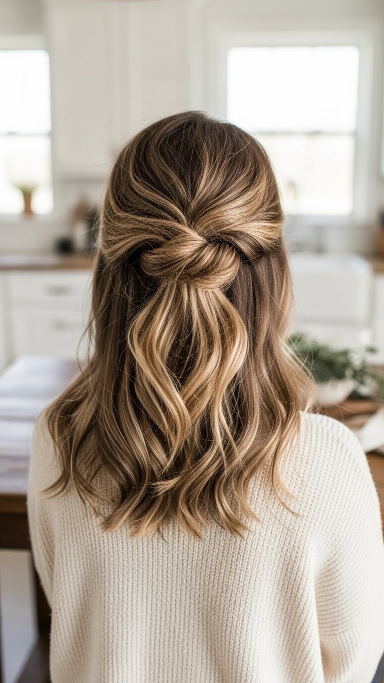 Textured messy half-updo hairstyle with loose waves in rustic kitchen setting with cozy ambient light