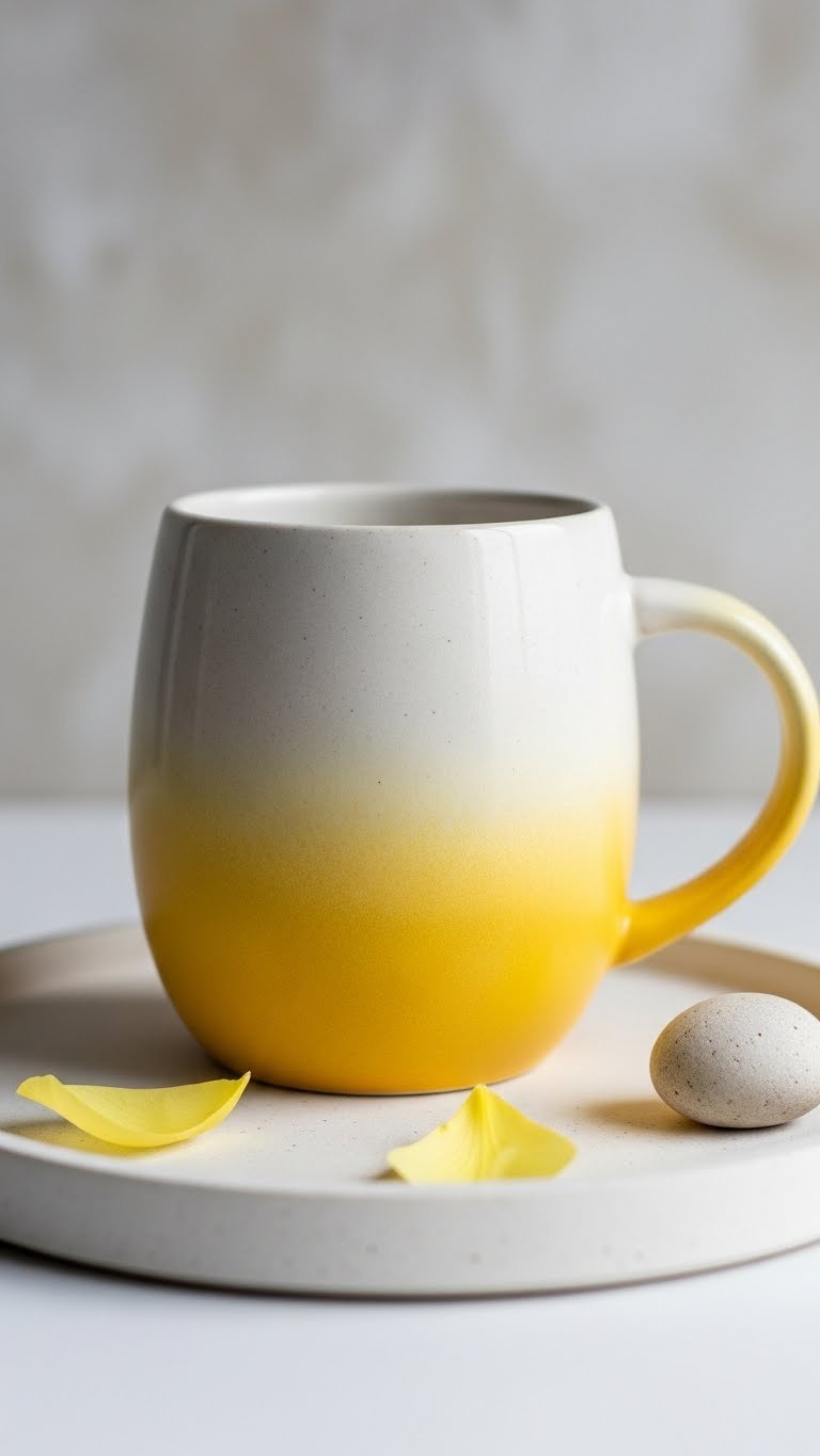 Textured ombre yellow ceramic mug on minimalist tray with flower petal and river stone accent