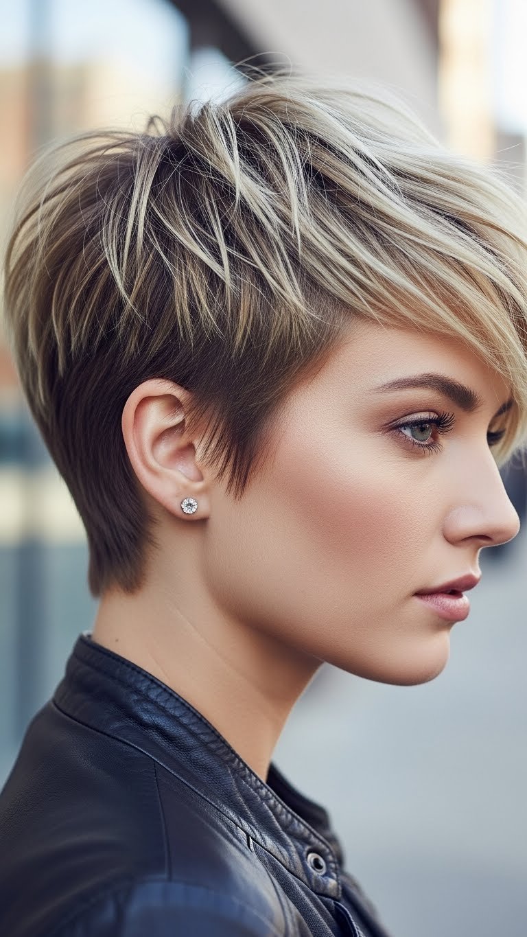 Textured pixie cut with disheveled layers and dynamic movement on straight hair in urban setting