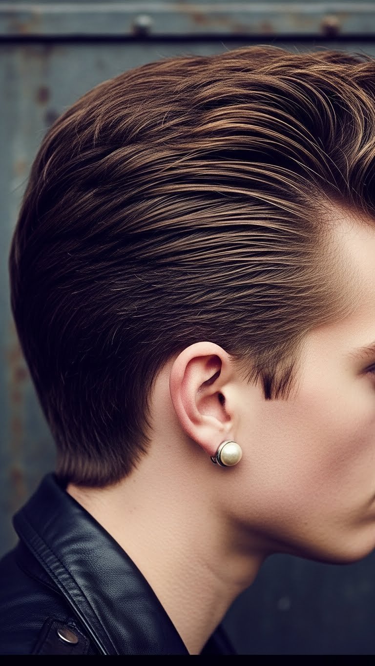 Textured rockabilly pompadour with dramatic swept-up front and slicked sides against industrial-inspired backdrop.