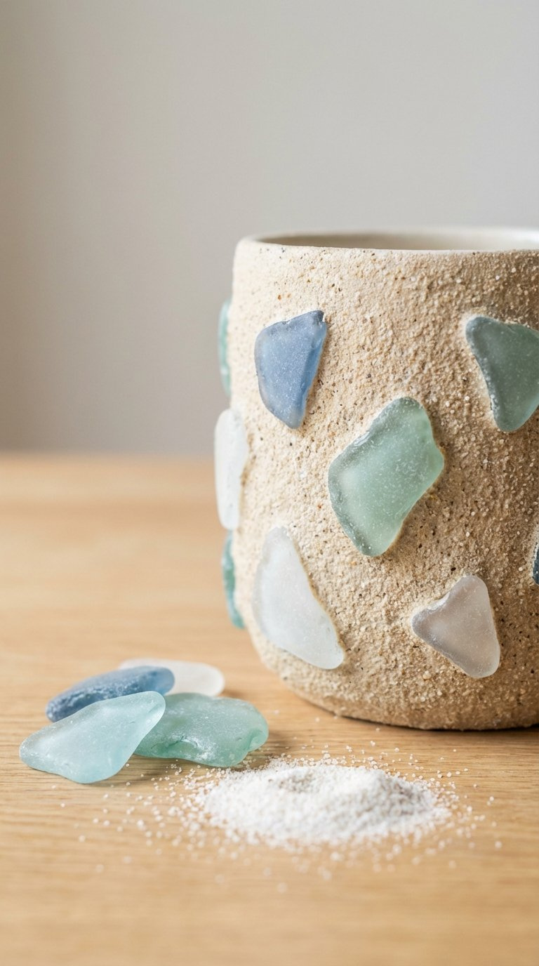 Textured sand and sea glass ceramic mug with tactile beach-inspired design on wooden table.