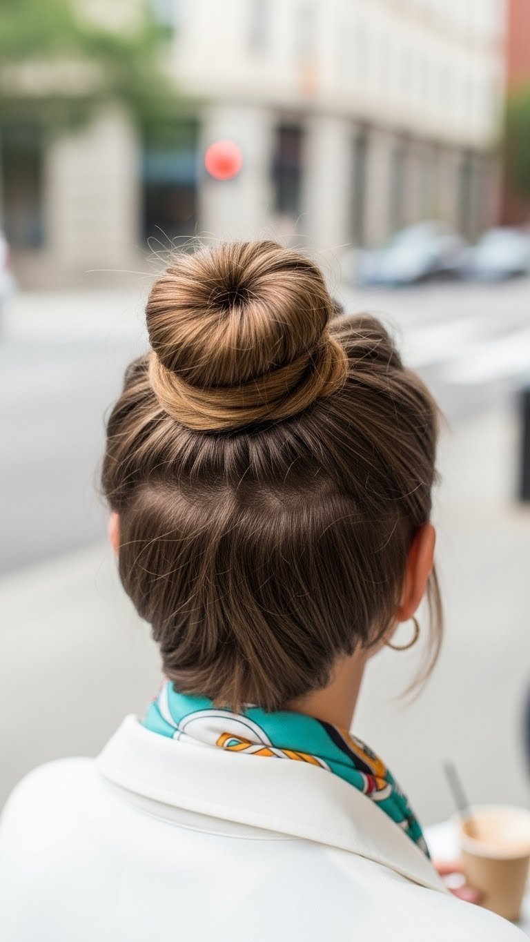 Textured twisted knot bun updo on short to medium hair showcasing intricate twists in bright daylight