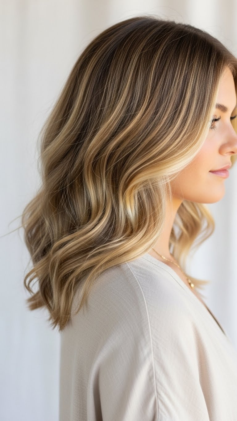 Textured waves hairstyle on medium length hair with natural highlights and soft tousled appearance