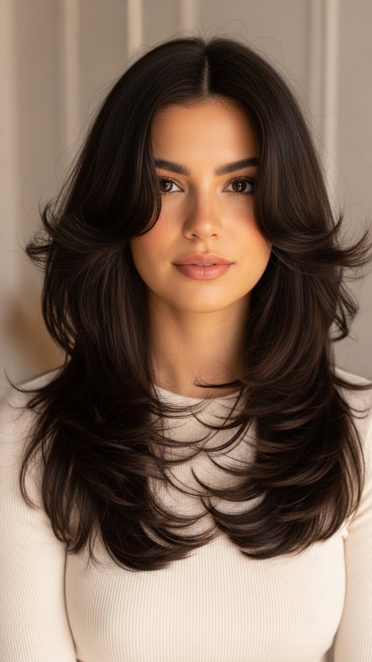 Thick dark hair with soft layers reducing bulk while enhancing movement in elegant room interior