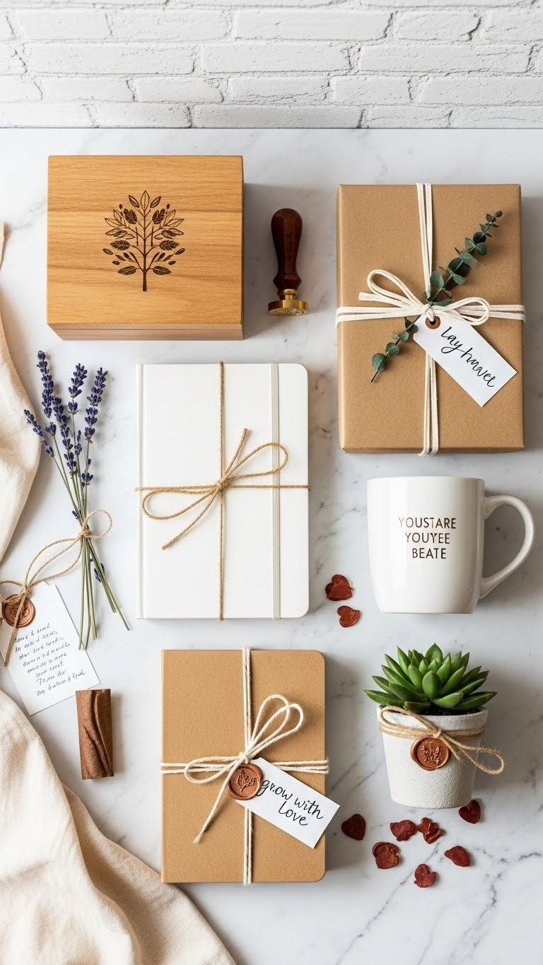 Thoughtful Valentine's gifts arranged as flat lay including engraved keepsake box and potted succulent
