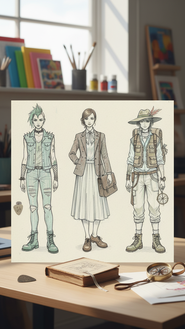 Three distinct character outfits conveying personality traits through clothing design sketches on textured paper