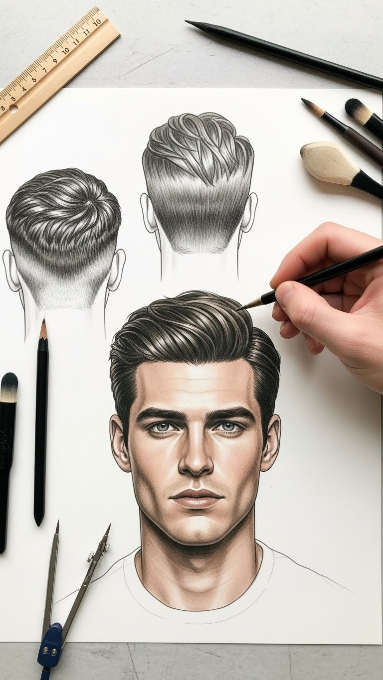 Three distinct male character hairstyle drawings showing short, medium, and long styles on male heads