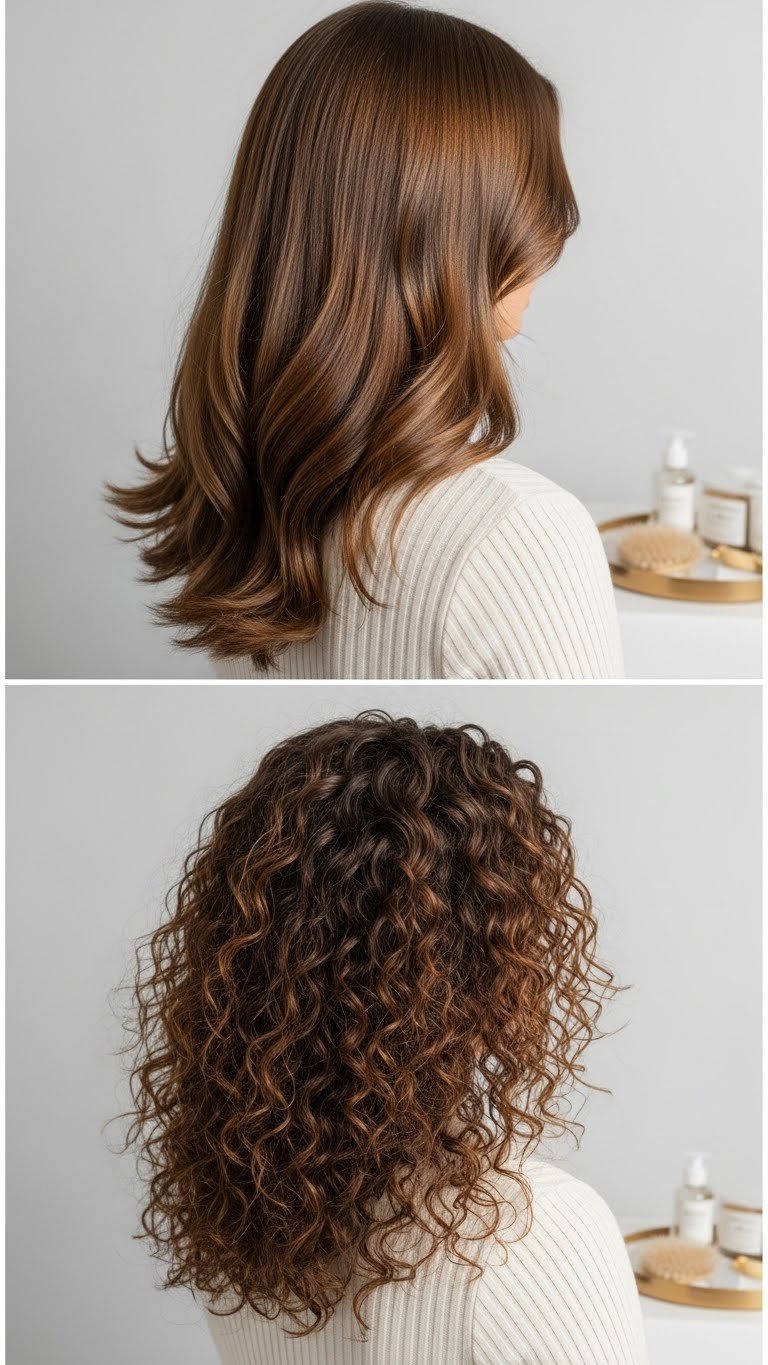 Three hair types showcasing butterfly haircut adaptability on straight, wavy, and curly textures