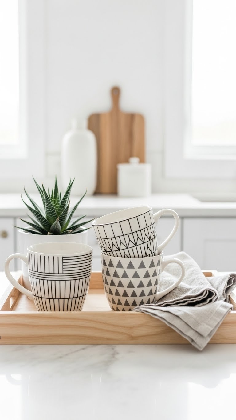 Three minimalist geometric ceramic mugs arranged symmetrically on a light wood tray with succulent plant and linen napkin in soft daylight background.