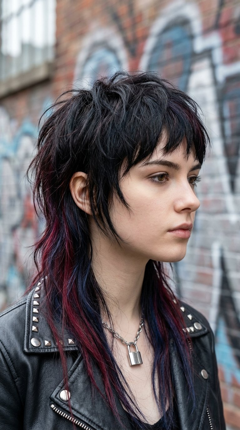 Three-quarter profile of rebellious goth mullet with choppy layers against graffiti wall backdrop