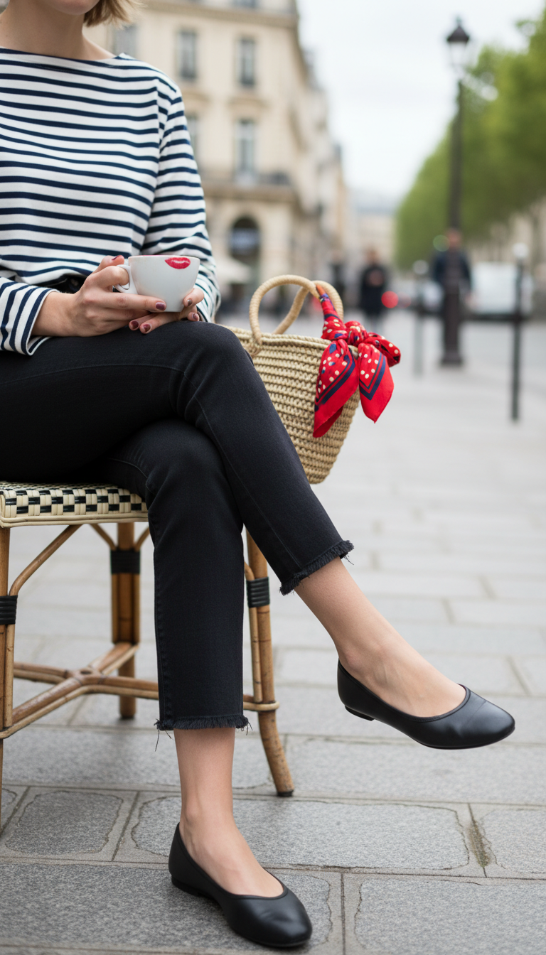Timeless Parisian style with cropped black jeans, navy striped shirt and ballet flats at sidewalk cafe