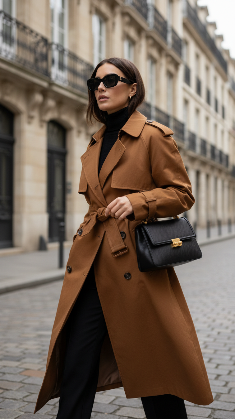 Timeless brown trench coat worn over all-black outfit walking on European city street