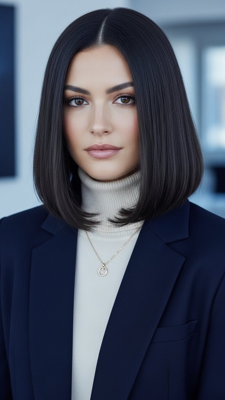 Timeless long bob haircut with sleek finish against tailored blazer for versatile winter hairstyle inspiration