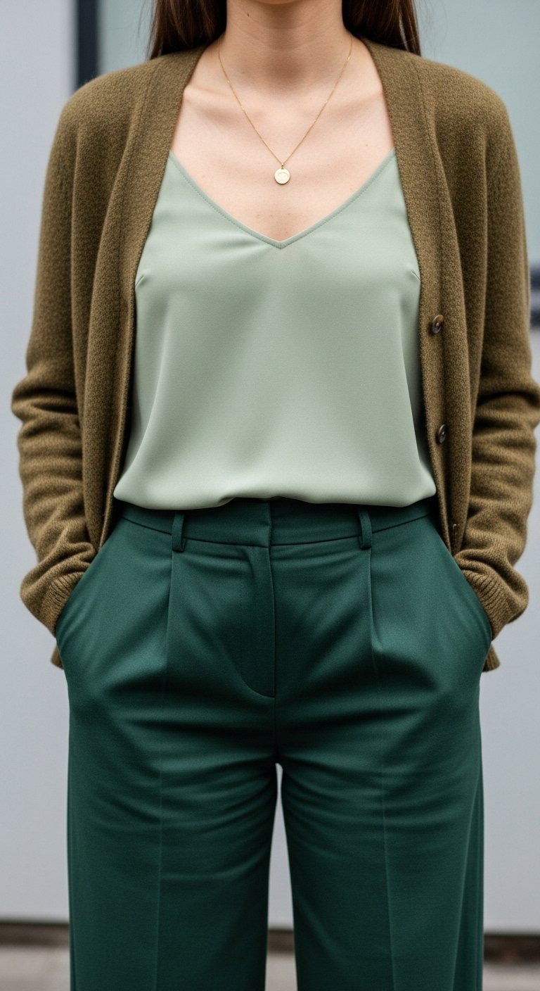 Tonal layering outfit with sage green silk camisole under olive cashmere cardigan and forest green trousers