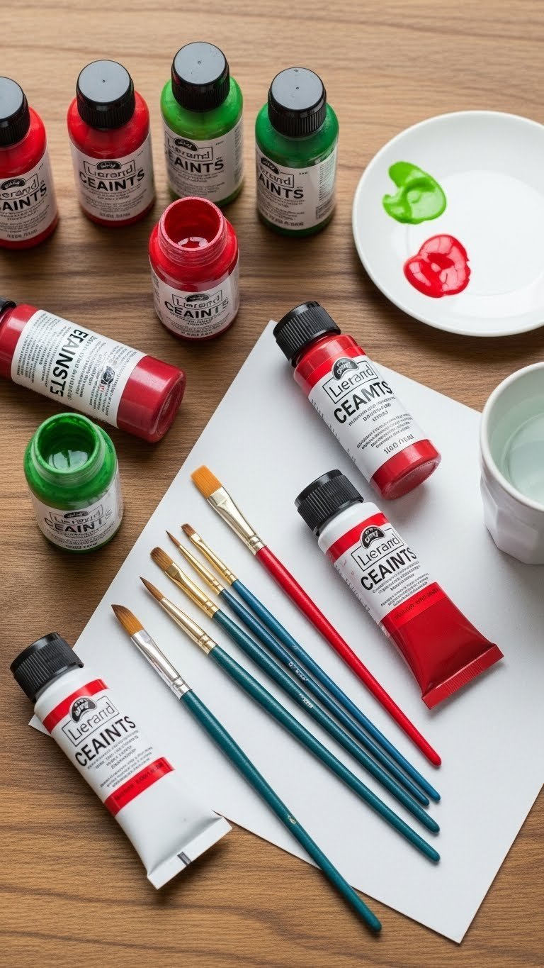 Top-down flat lay of vibrant red and green ceramic paint bottles with fine-tipped brushes on rustic wooden table.