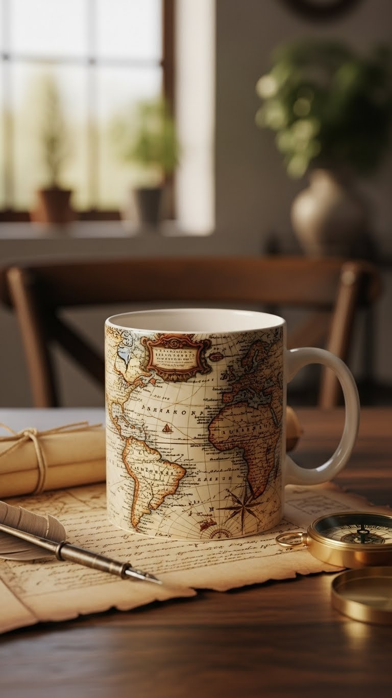 Top-down flat lay photo of cream ceramic mug featuring vintage coastal map and compass rose design on wooden table