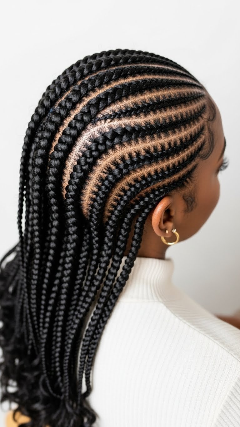 Top-down photograph of intricate cornrows hairstyle with complex patterns on dark coily natural hair showcasing polished braiding technique.