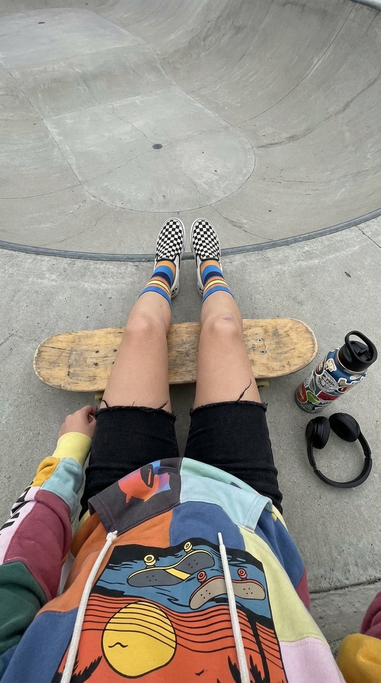 Top-down view of black and white checkered Vans Slip-Ons with colorful hoodie on skateboard at skate park