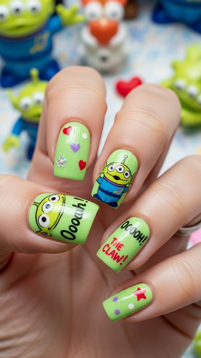 Toy Story Alien themed Valentine's nail art with playful green nails featuring adorable character designs