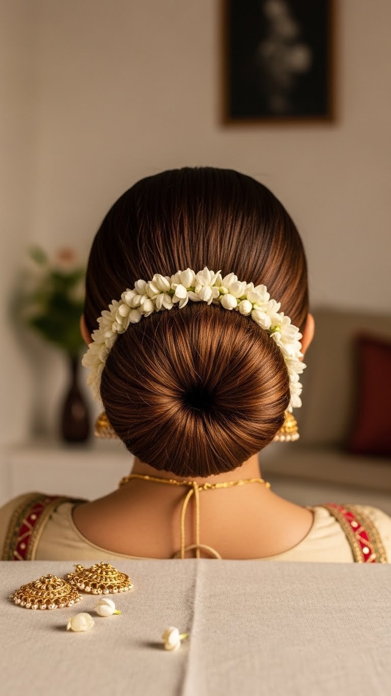 Traditional Indian low bun hairstyle with fresh jasmine flowers on medium length hair against minimalist interior