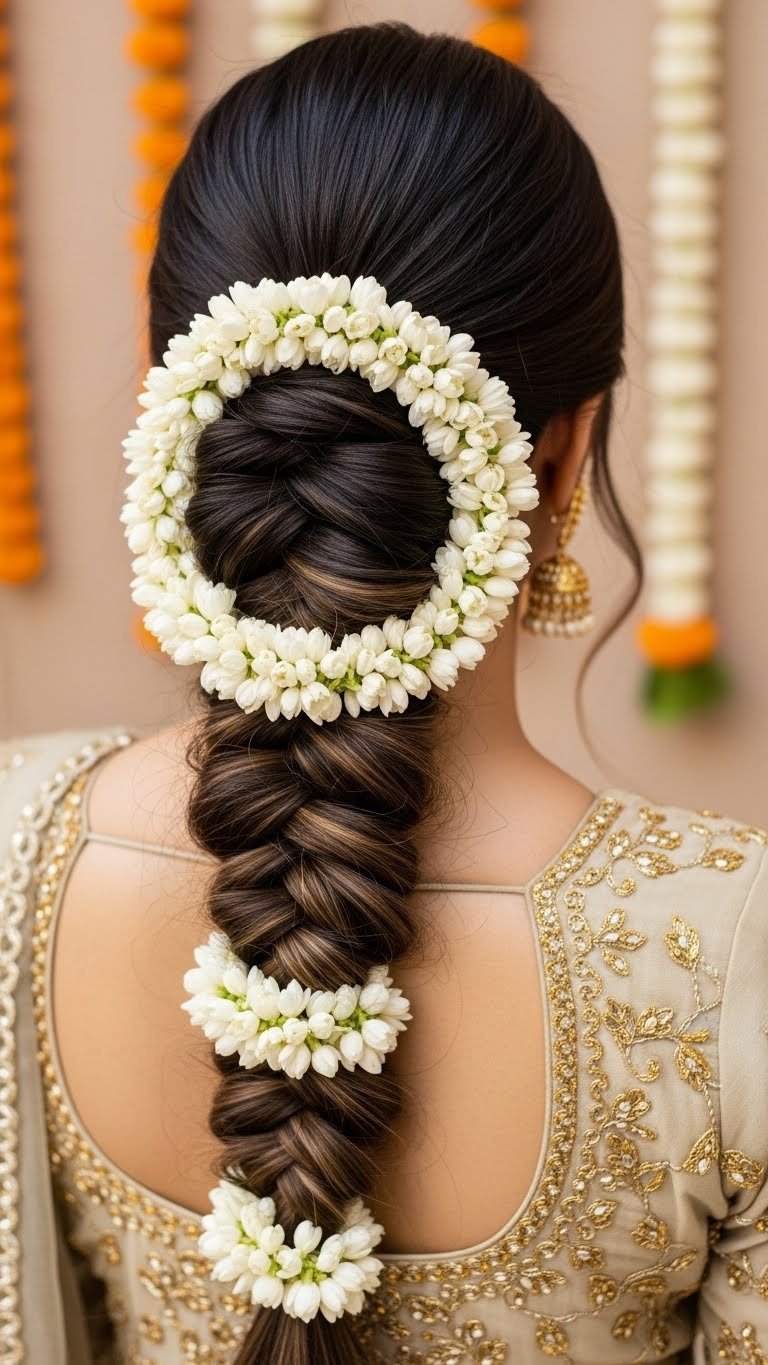 Traditional fishtail braid adorned with fresh white gajra flowers on medium length Indian hair for festive occasions