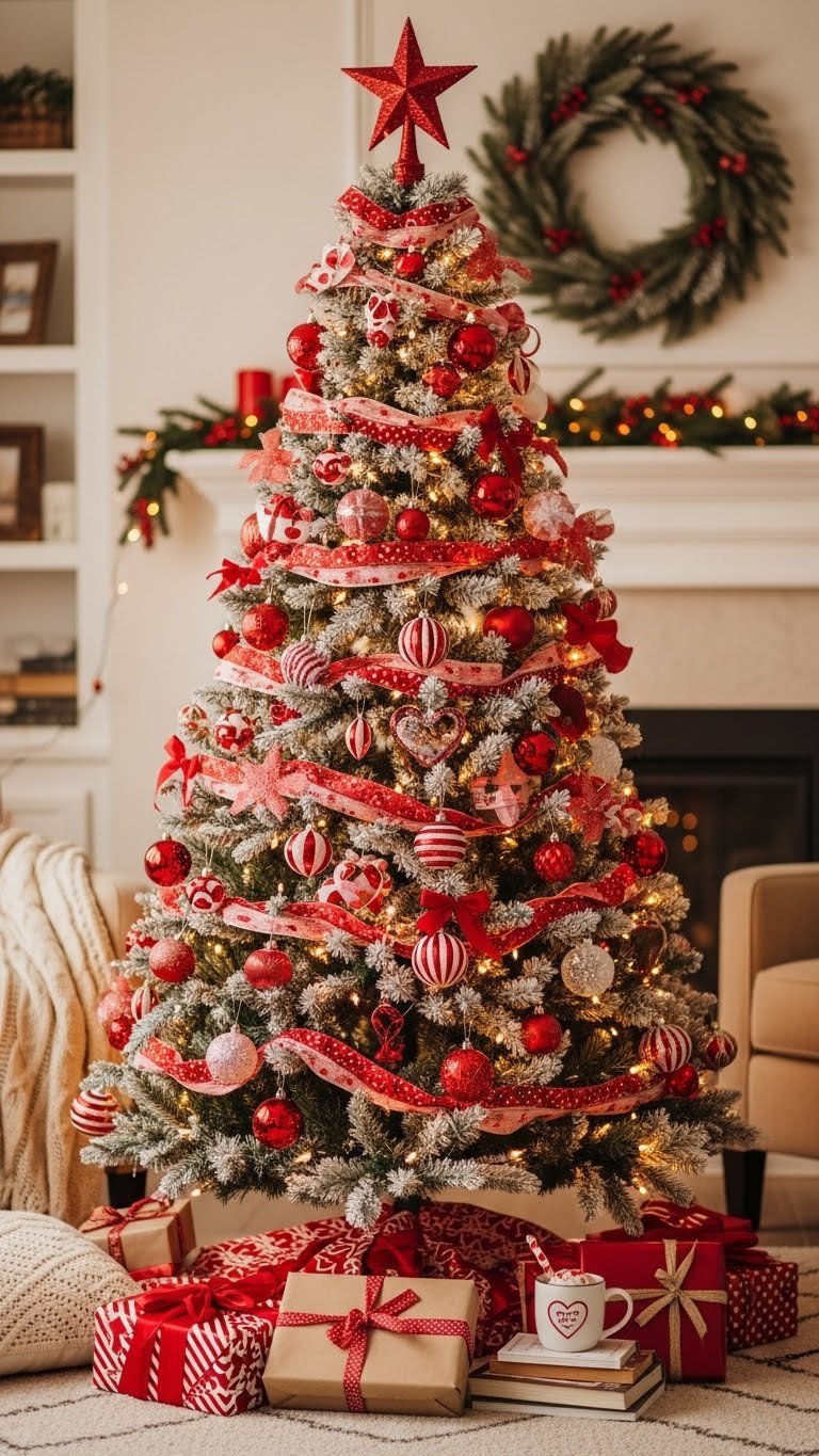 Transformed Christmas tree redecorated with Valentine's red, pink, and white ornaments in living room