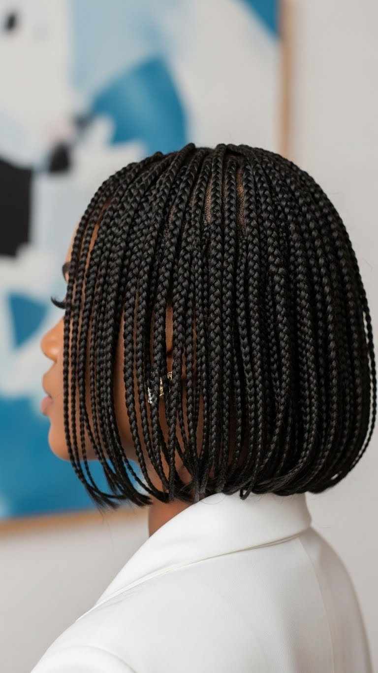 Trendy bob-length knotless braids modern hairstyle in minimalist art gallery