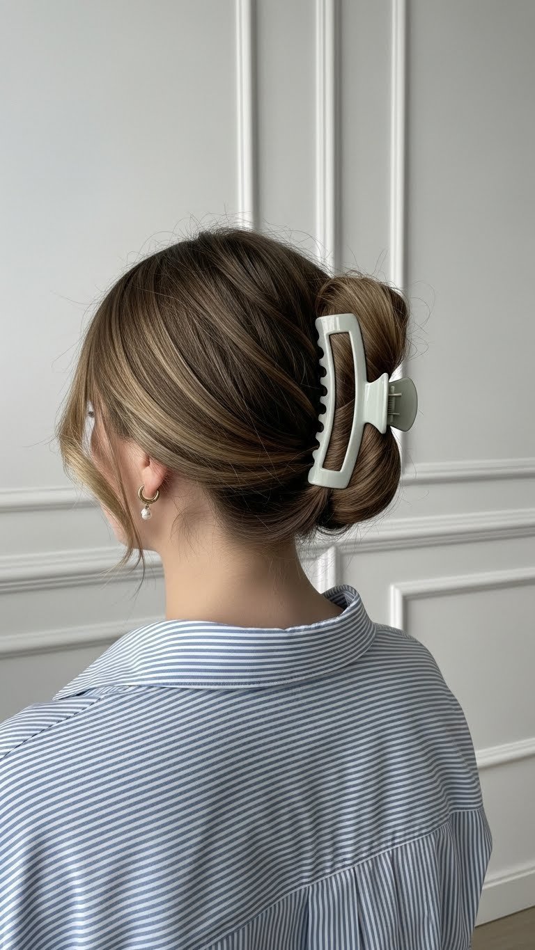 Trendy claw clip updo hairstyle on medium length hair showcasing hair texture and clip aesthetic in modern interior