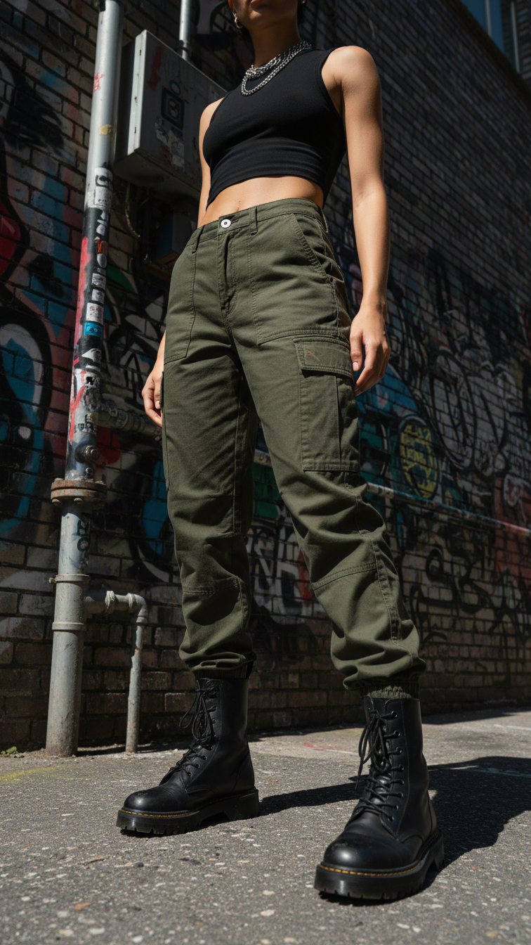 Trendy dark green cargo pants with black cropped tank top against urban graffiti wall backdrop